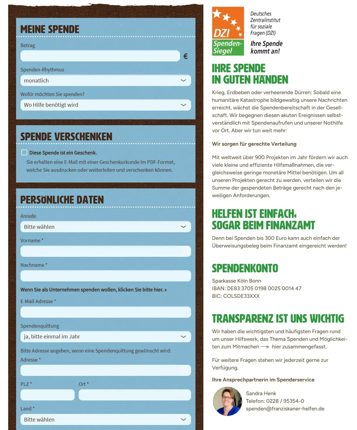 Spendenformular Franziskaner Helfen