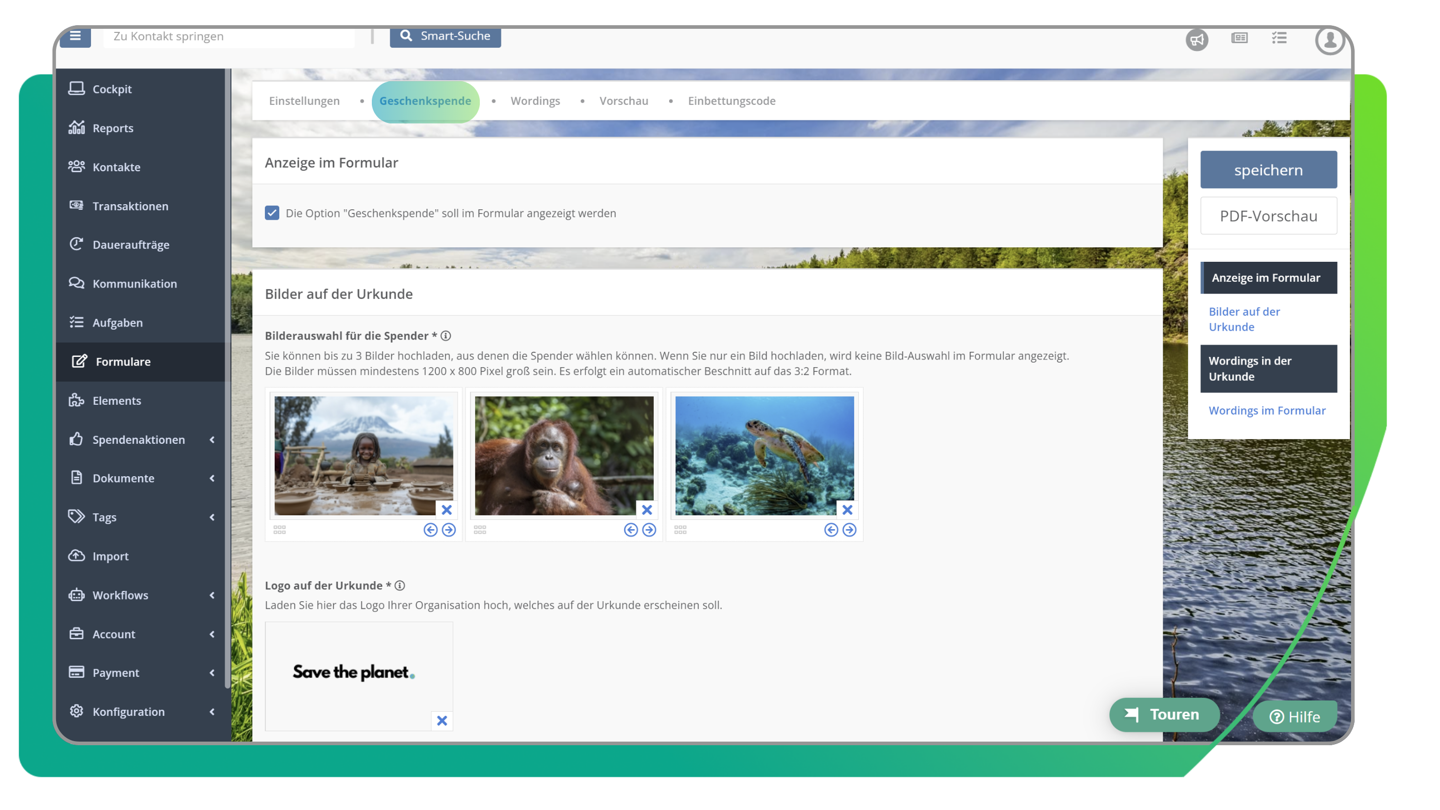 Geschenkspende Einstellungen im Formular