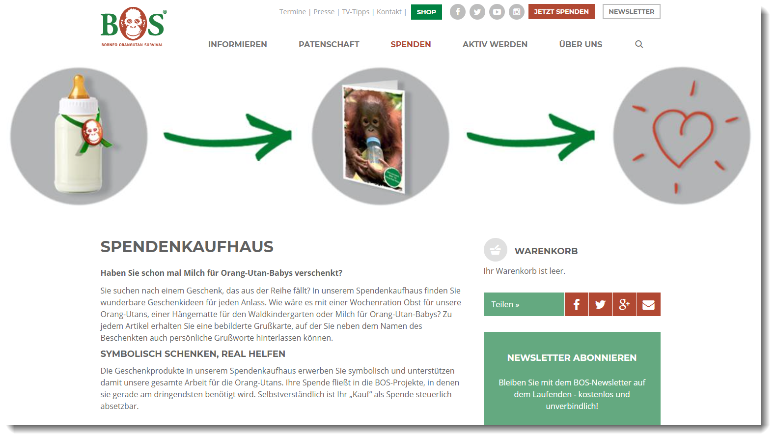 Im Charity Shop von Borneo Orangutan Survival können Unterstützer symbolisch schenken und real helfen.