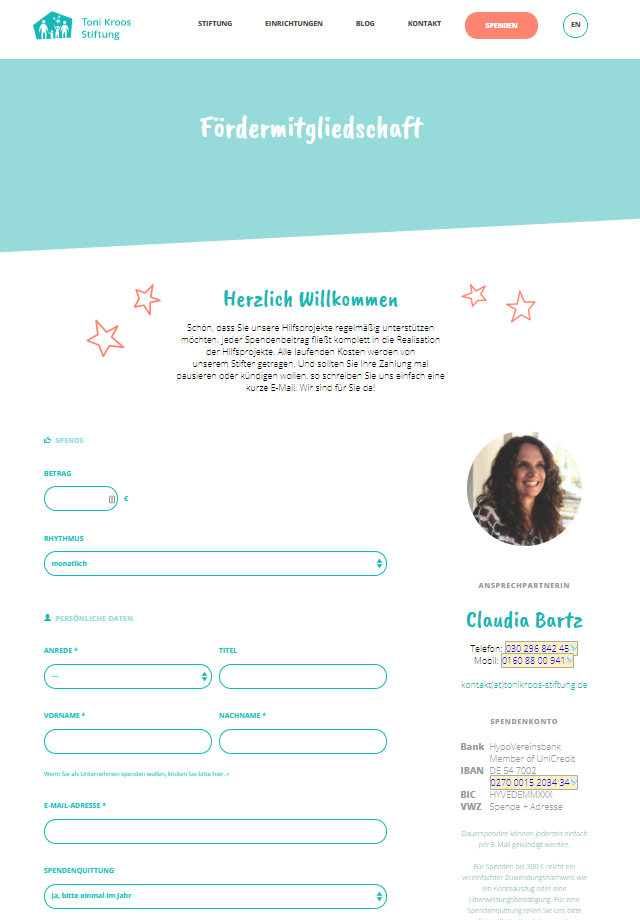 Screenshot Toni Kroos Stiftung Spendenformular für Fördermitgliedschaft