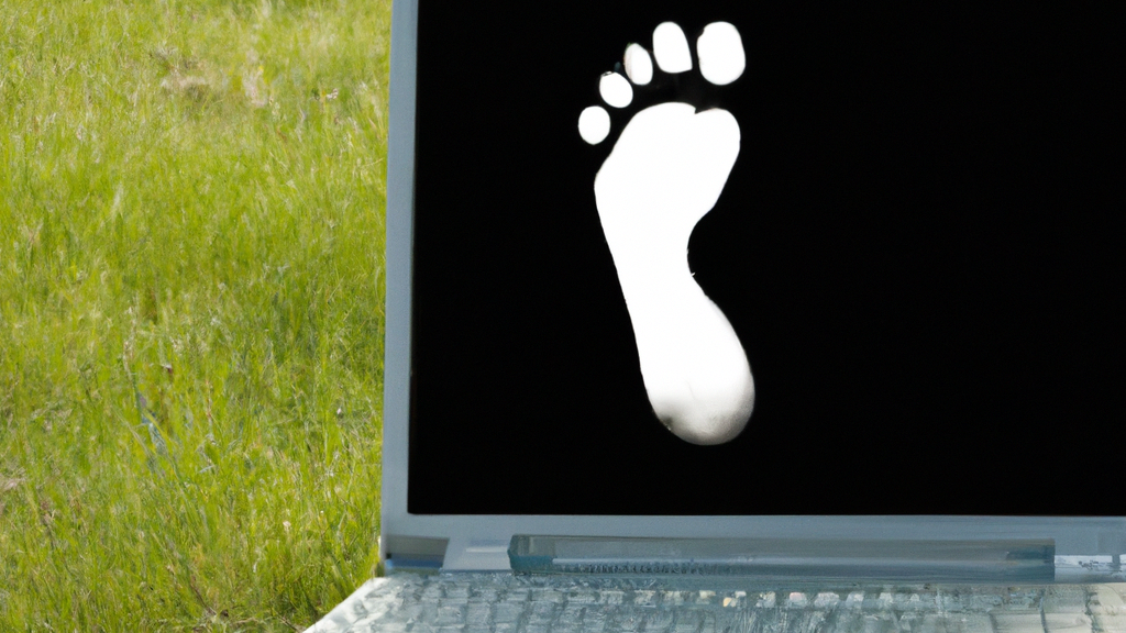 Ein Laptop auf dem Gras. Auf dem Bildschirm ist ein Fußabdruck zu sehen