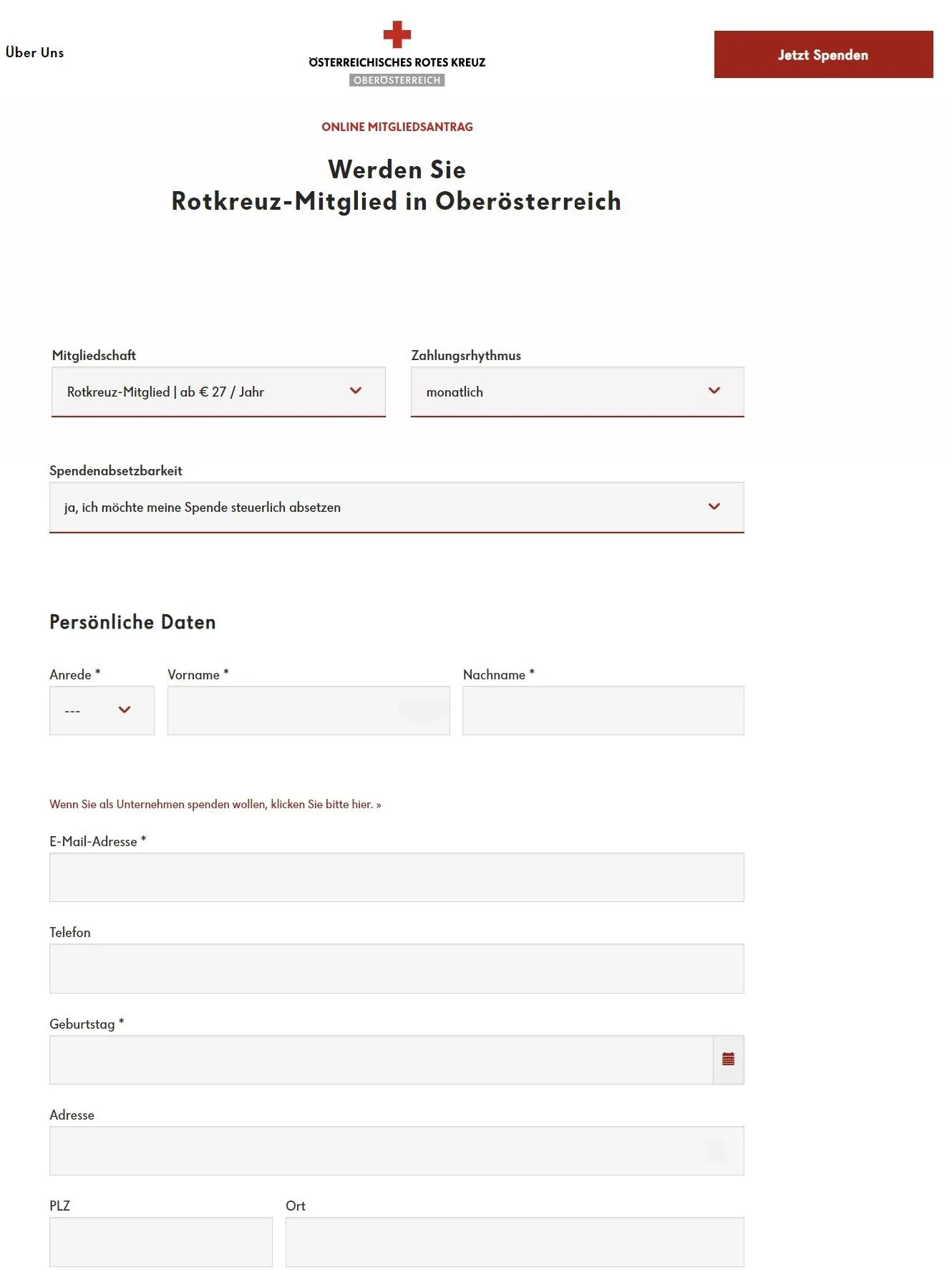 Beispiel für Spendenformular zur Mitgliedschaft Rotes Kreuz