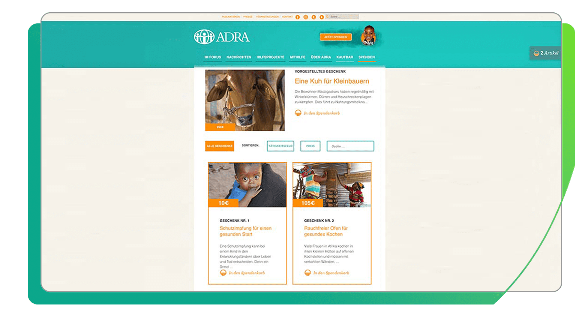 Erstelle deinen Charity Shop wie bei diesem Beispiel und binde ihn mit der Charity Shop API an