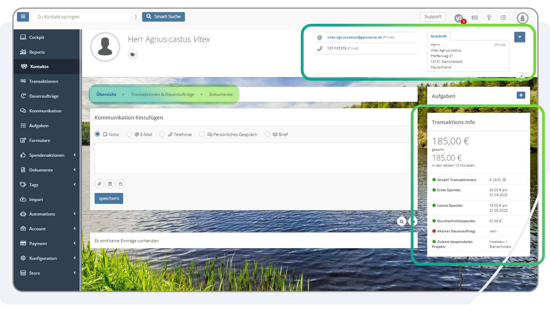 Im Kontakt selbst in der FundraisingBox erhältst Du alle wichtigen Informationen an einem Ort.