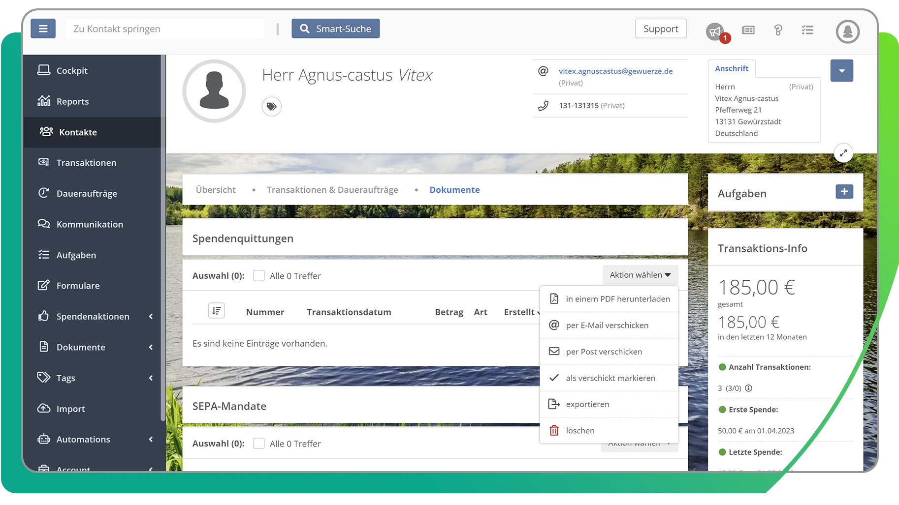 Im Kontakt selbst kannst Du jederzeit Spendenquittungen in der FundraisingBox ausstellen und versenden.