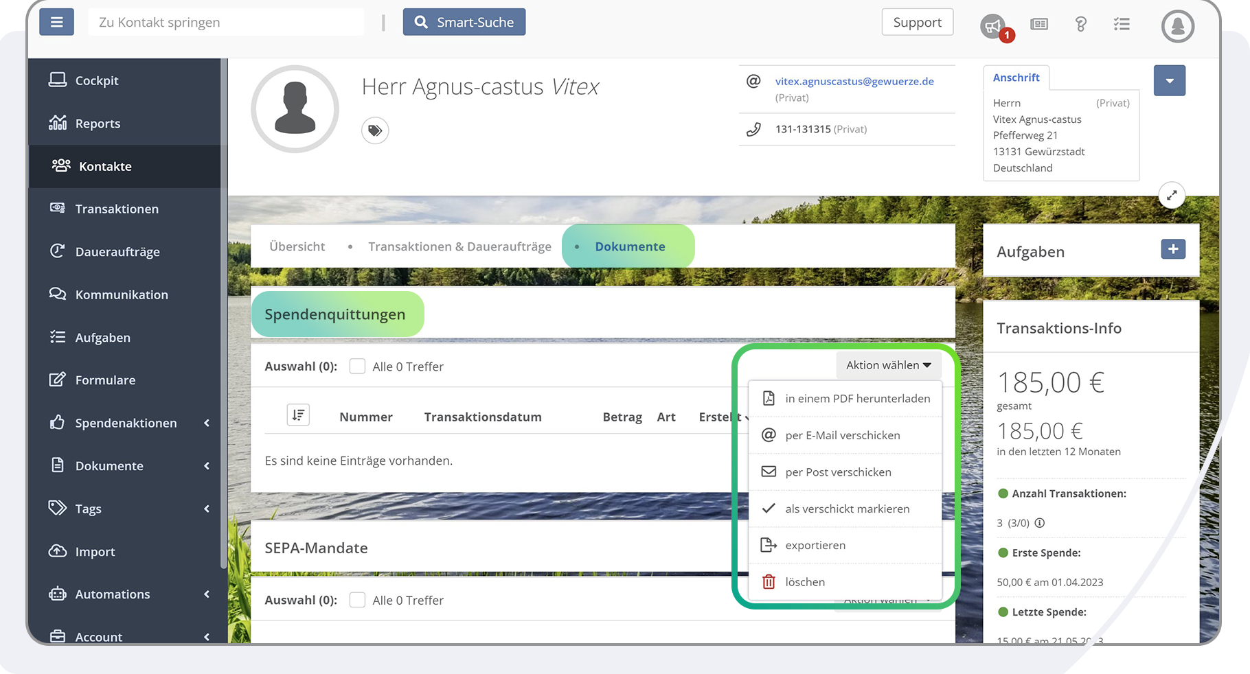 Im Kontakt selbst kannst Du jederzeit Spendenquittungen in der FundraisingBox ausstellen und versenden.