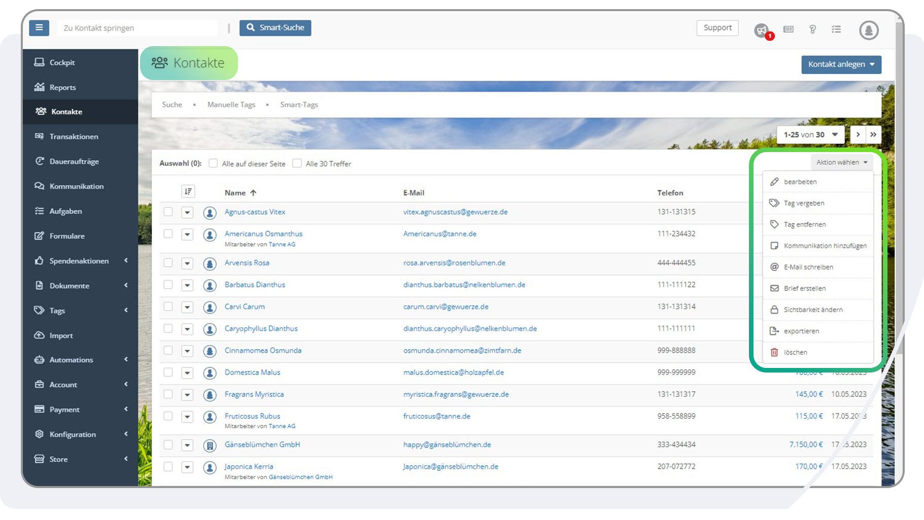 Unter Kontakte bekommst Du eine Übersicht über all Deine Kontakte in der FundraisingBox.