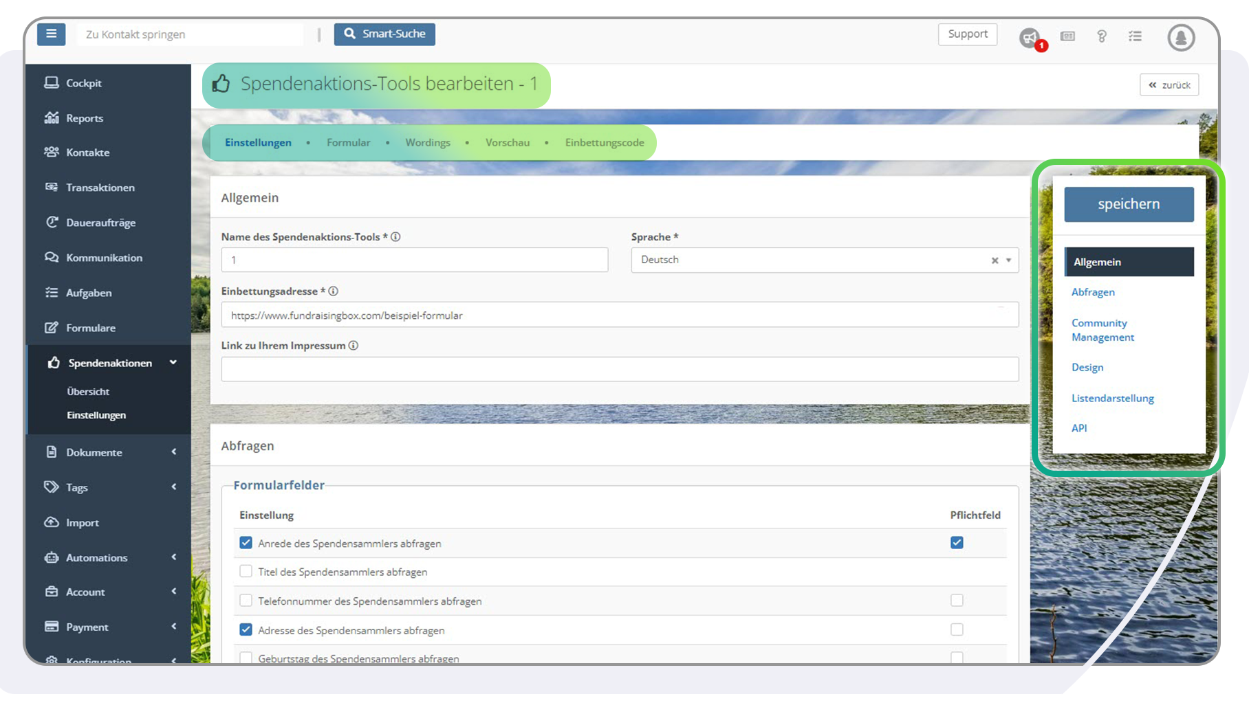 Unter Spendenaktionen kannst Du Dein Spendenaktionstool, das Du auf Deiner Webseite eingebunden hast, anpassen oder Du legst hier ganz einfach ein neues an.