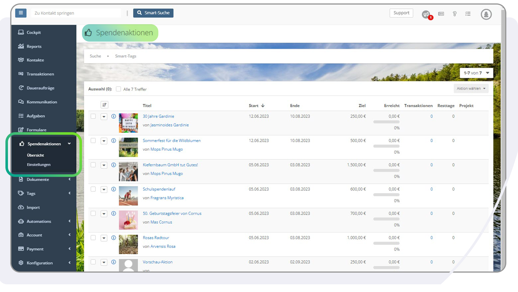 Unter Spendenaktionen erhältst Du einen Überblick über alle Spendenaktionen, die über das Spendenaktionstool eingestellt werden.