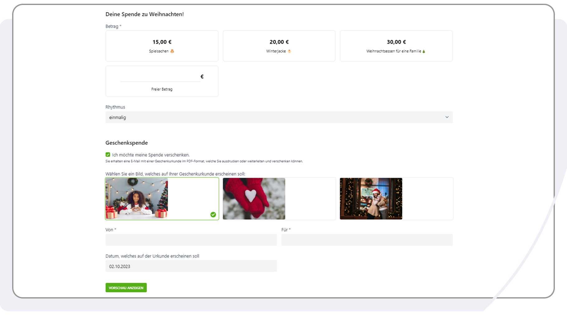 So sieht die Geschenkspende Funktion im Formular Polaris der FundraisingBox aus.