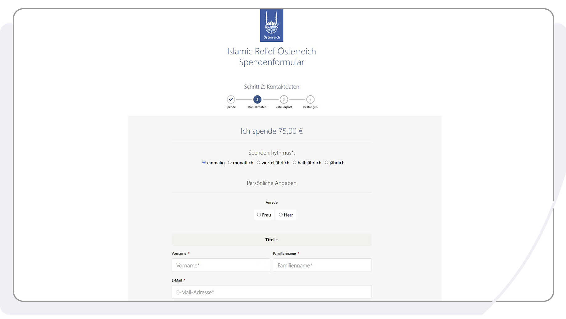 So hat Islamic Relief das Spendenformular der FundraisingBox umgesetzt.