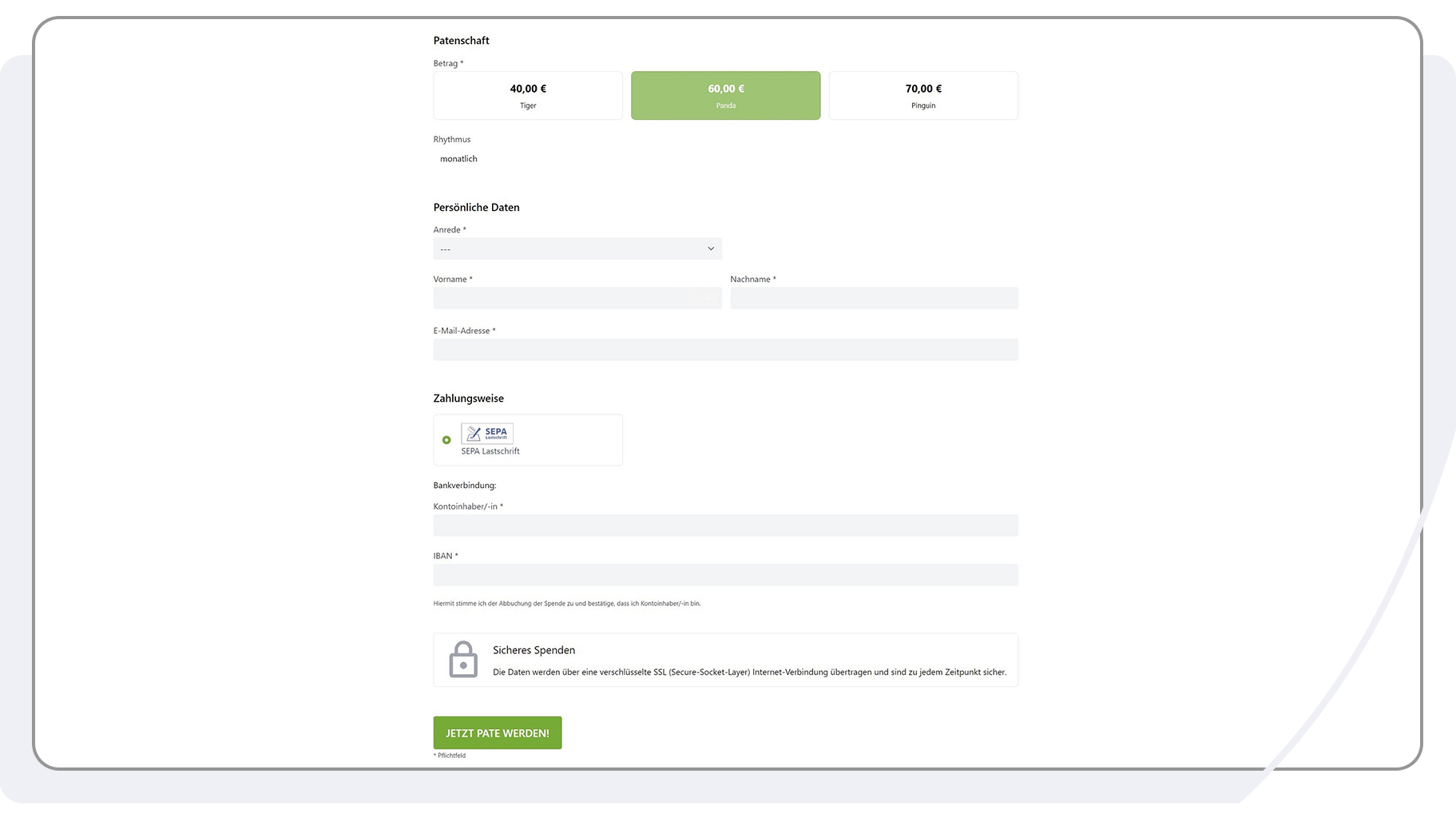 So könnte eine Patenschaft mit dem Spendenformular Polaris der FundraisingBox aussehen.