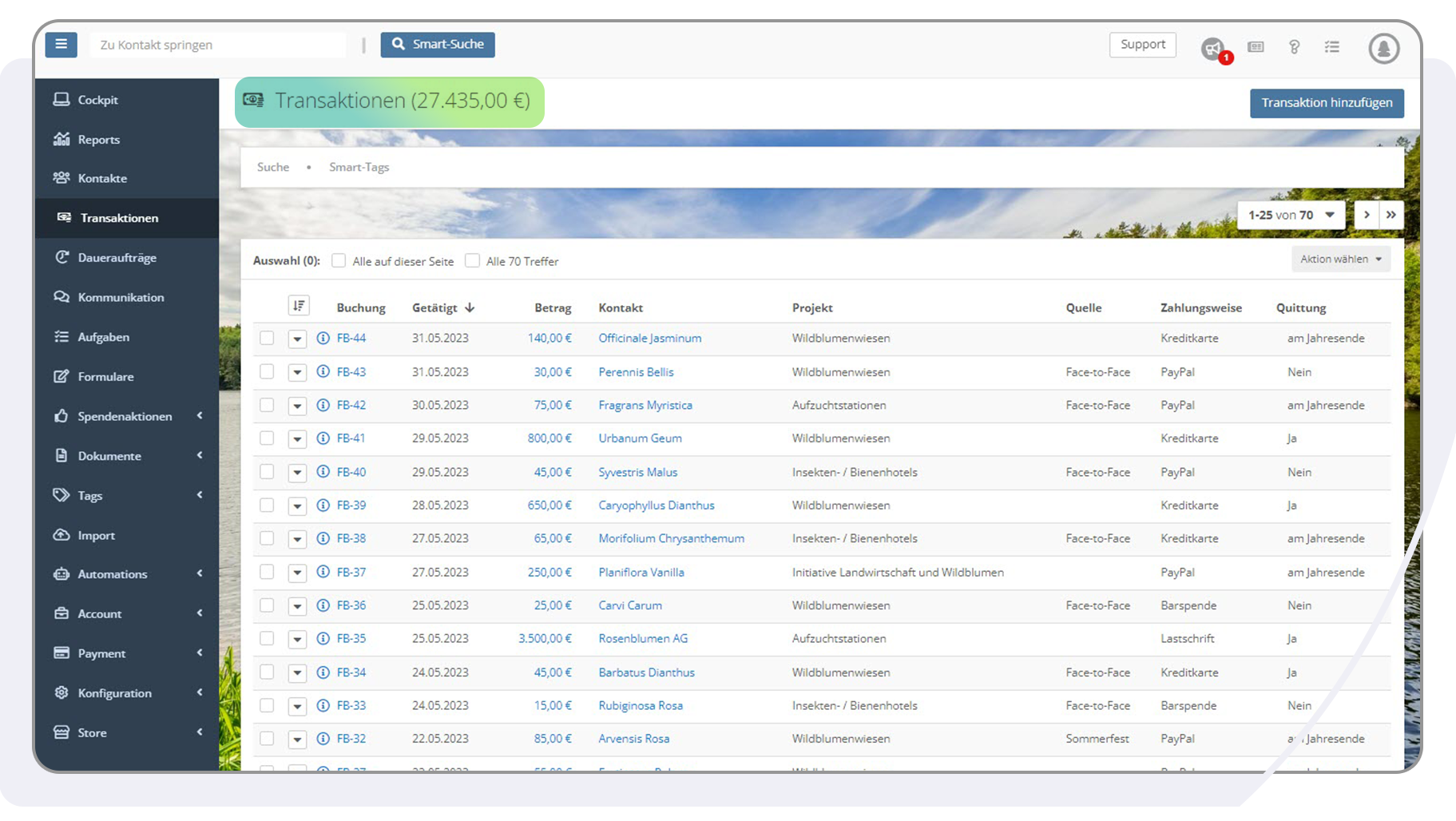 So sieht die Übersicht über Deine Transaktionen in der FundraisingBox aus.