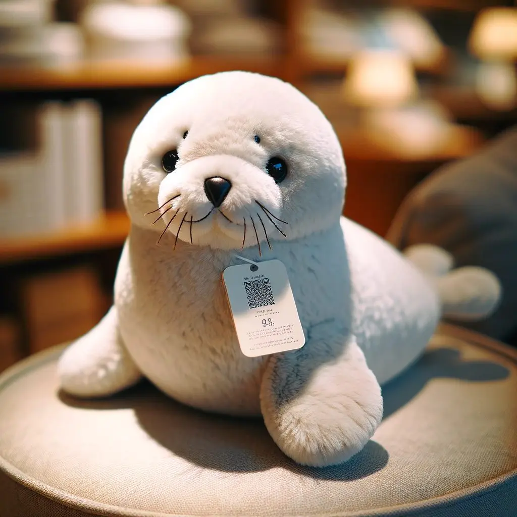 Plüschrobbe hat ein Preisschild um den Hals mit einem QR-Code.