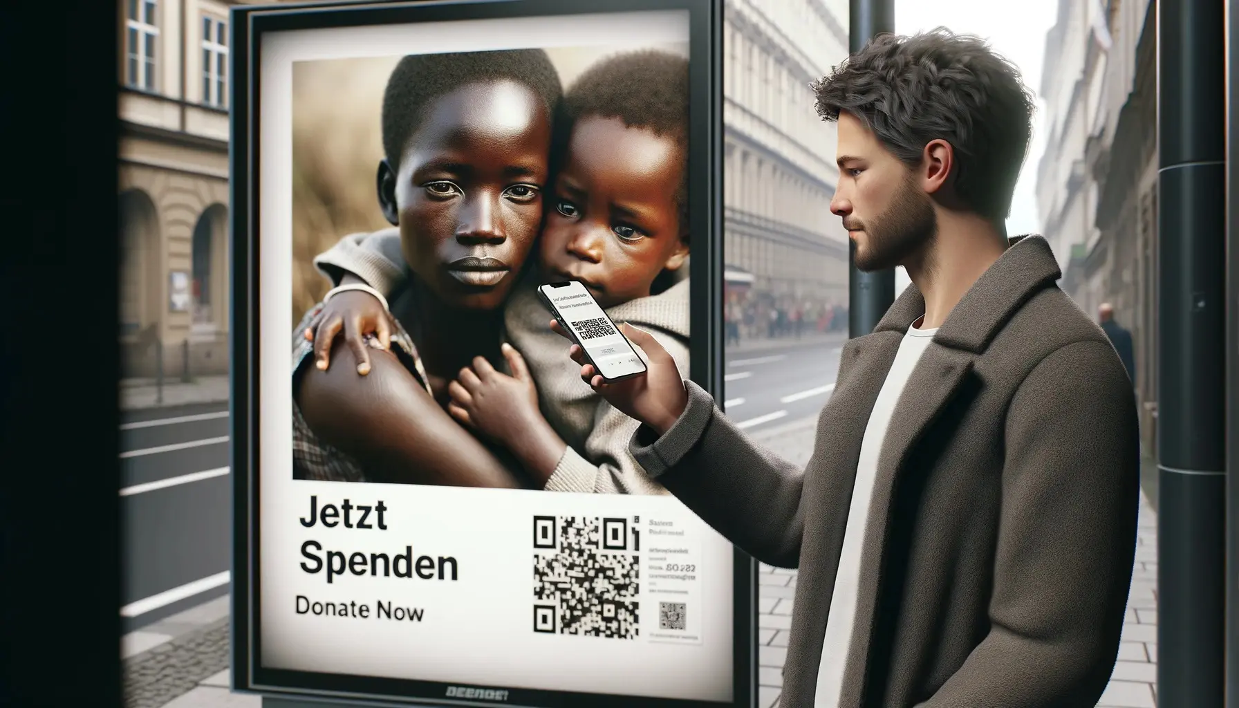 Mann hält Smartphone auf ein Out-of-Home Plakat, um den darauf abgebildeten QR-Code zu scannen.