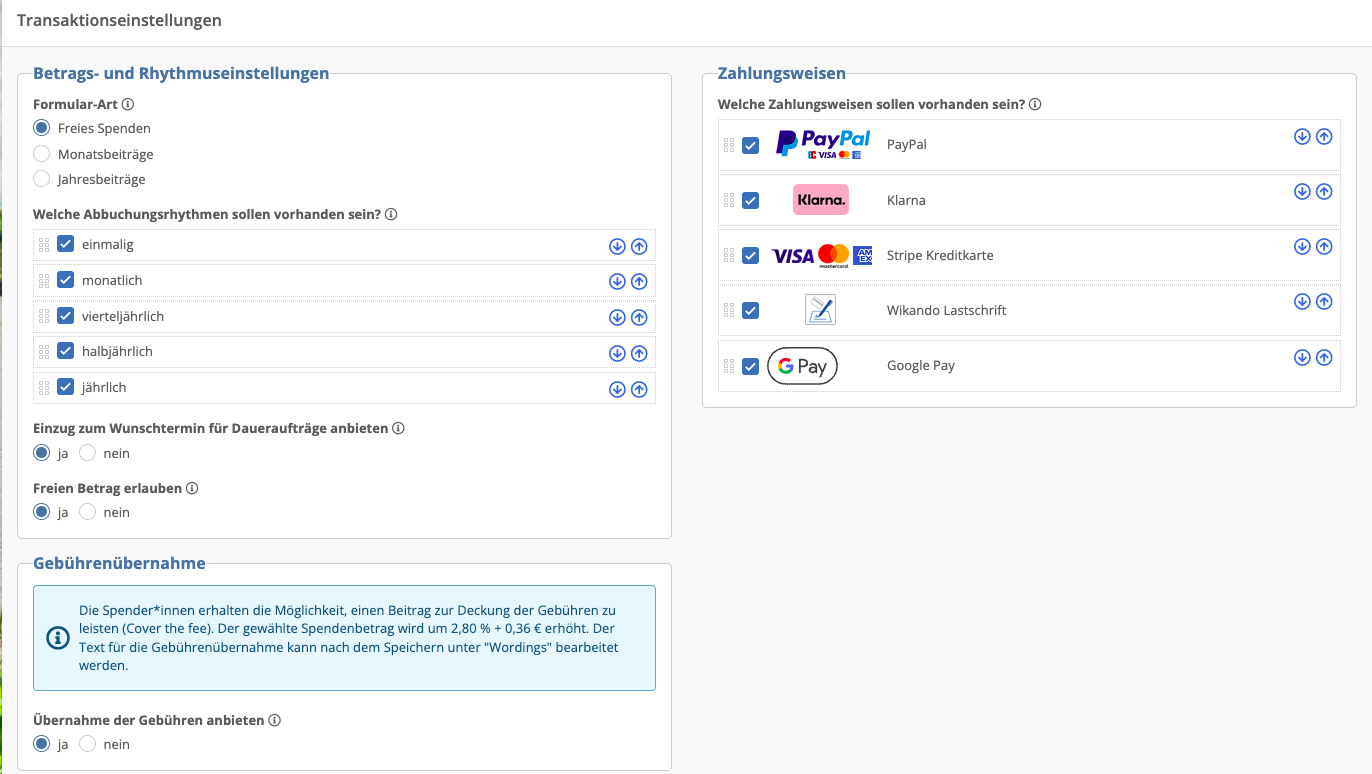 Ansicht Cover the Fee in der FundraisingBox