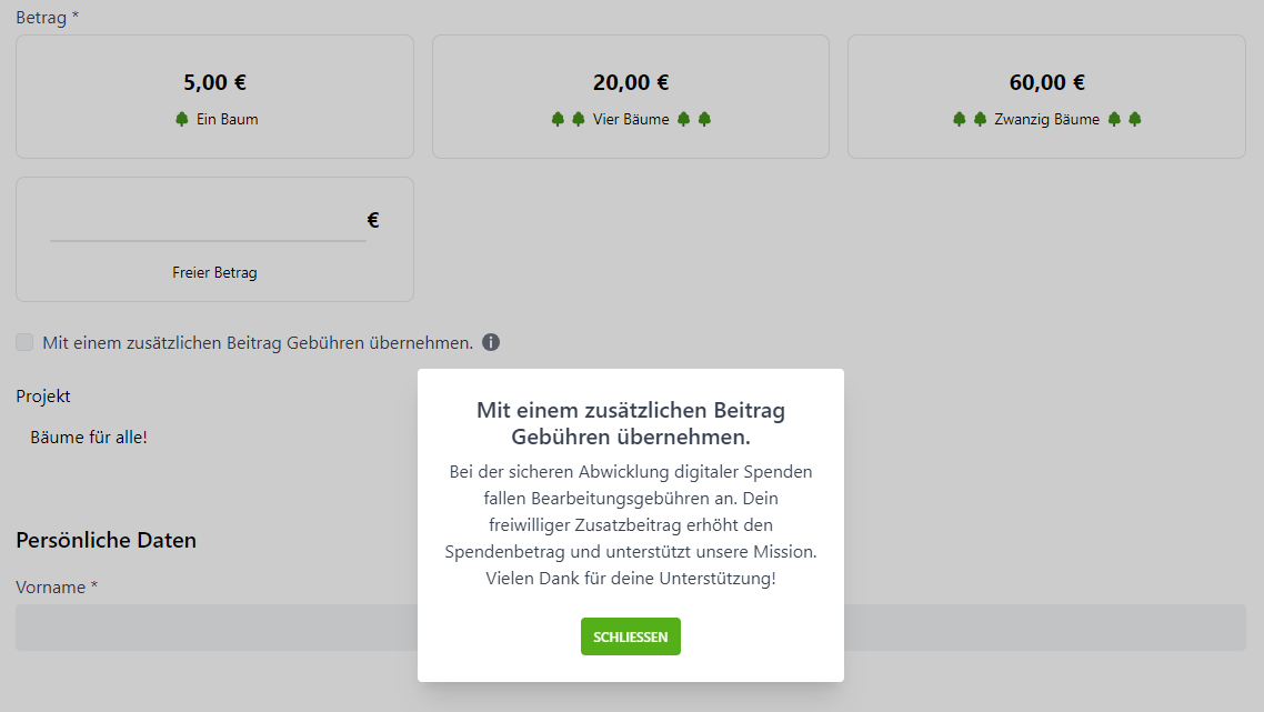 Ansicht Cover the Fee Tooltip mit Informationen für Spender*innen