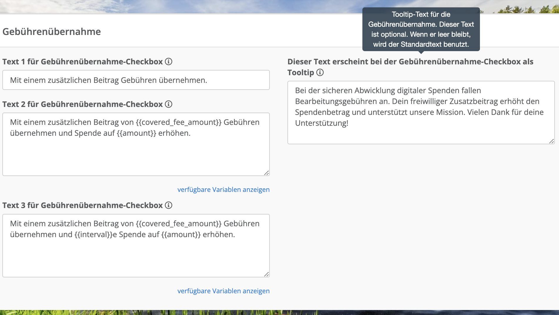 Ansicht FundraisingBox: So kannst Du den Text im Tooltip anpassen