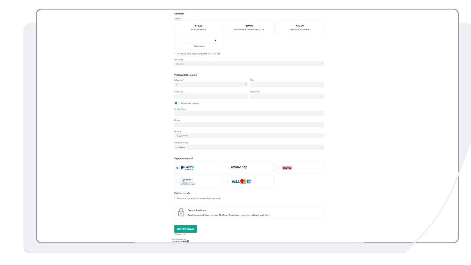 Donation form FundraisinBox digital fundraising platform