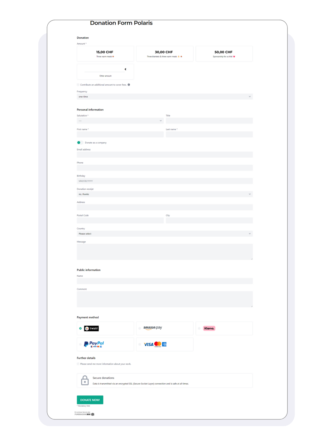 Spendenformular der FundraisingBox für die Schweiz