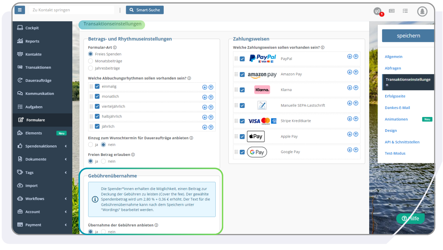 Cover-the-Fee Gebührenübernahme der Transaktionskosten in den Formularen der FundraisingBox