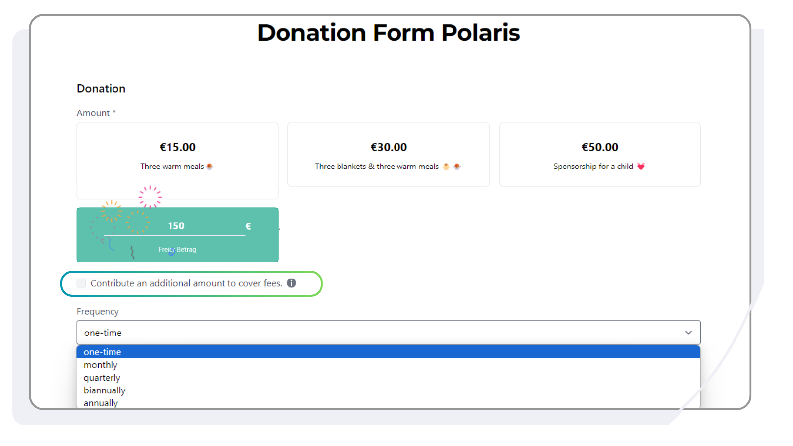 Donation Form Polaris of FundraisingBox. Raise Donations, Use Cover-the-fee and many more.