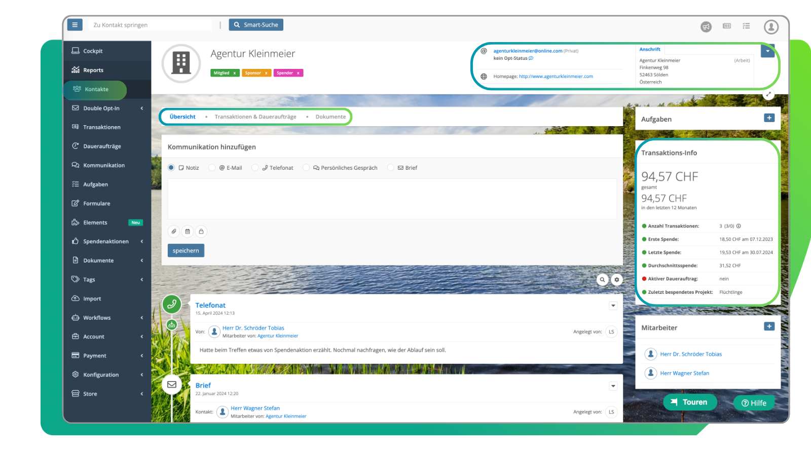 Kontakte bearbeiten und Übersicht der einzelnen Kontakte in der FundraisingBox
