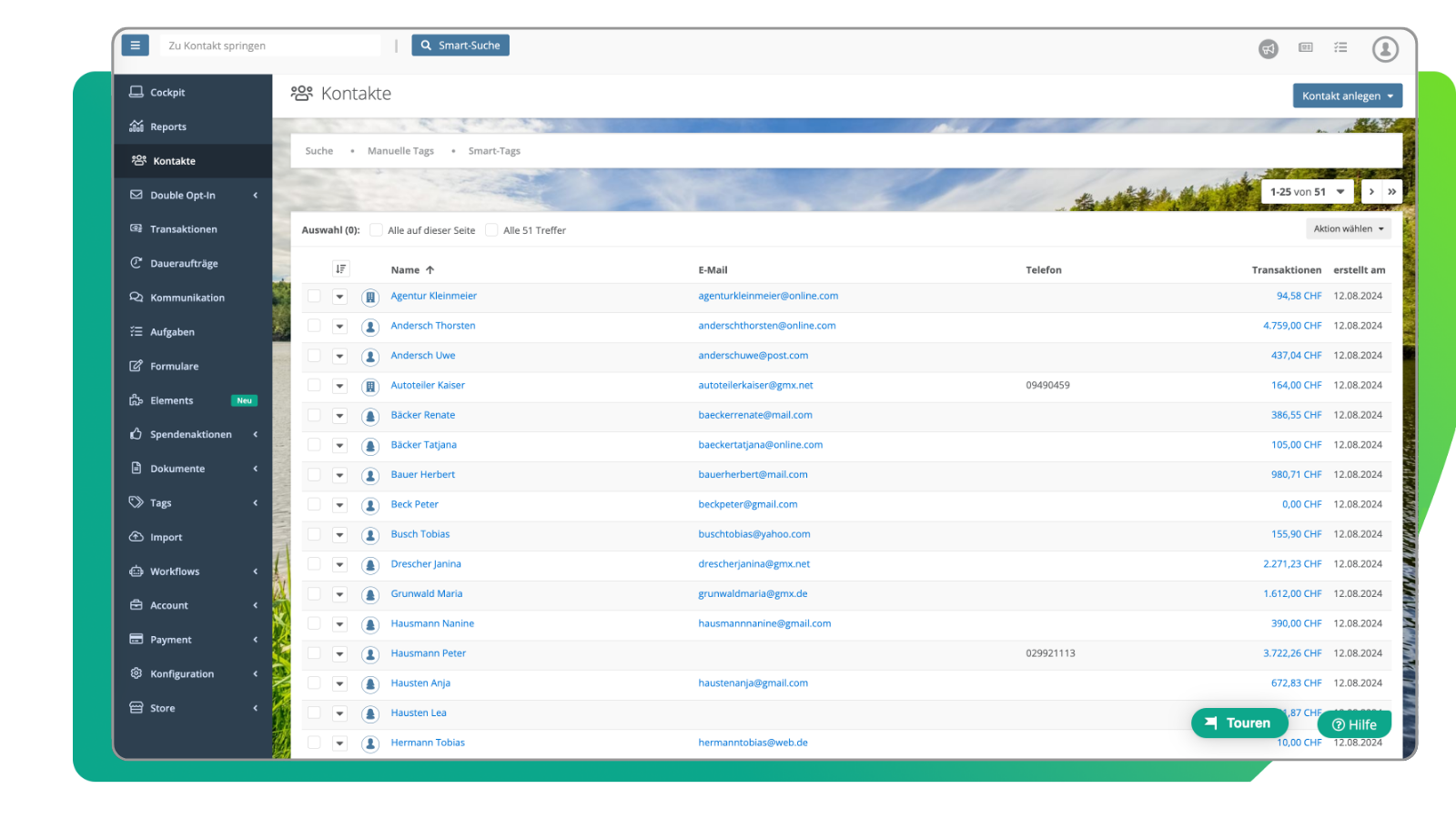 Ansicht Kontakt- & Datenverwaltung in der FundraisingBox