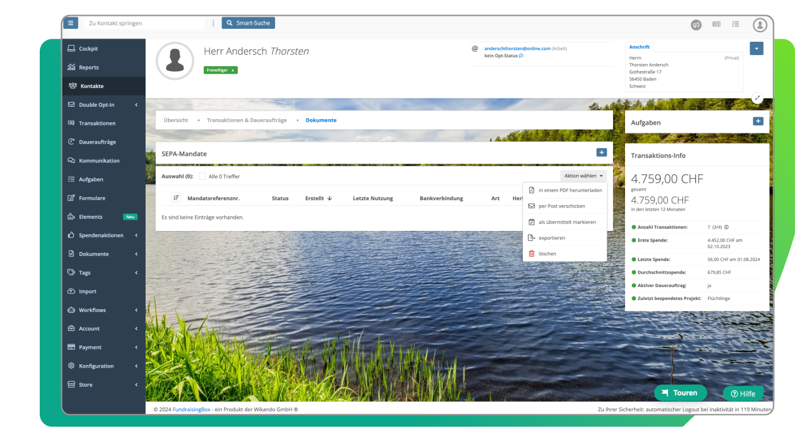Ansicht Spendenquittungen in der FundraisingBox