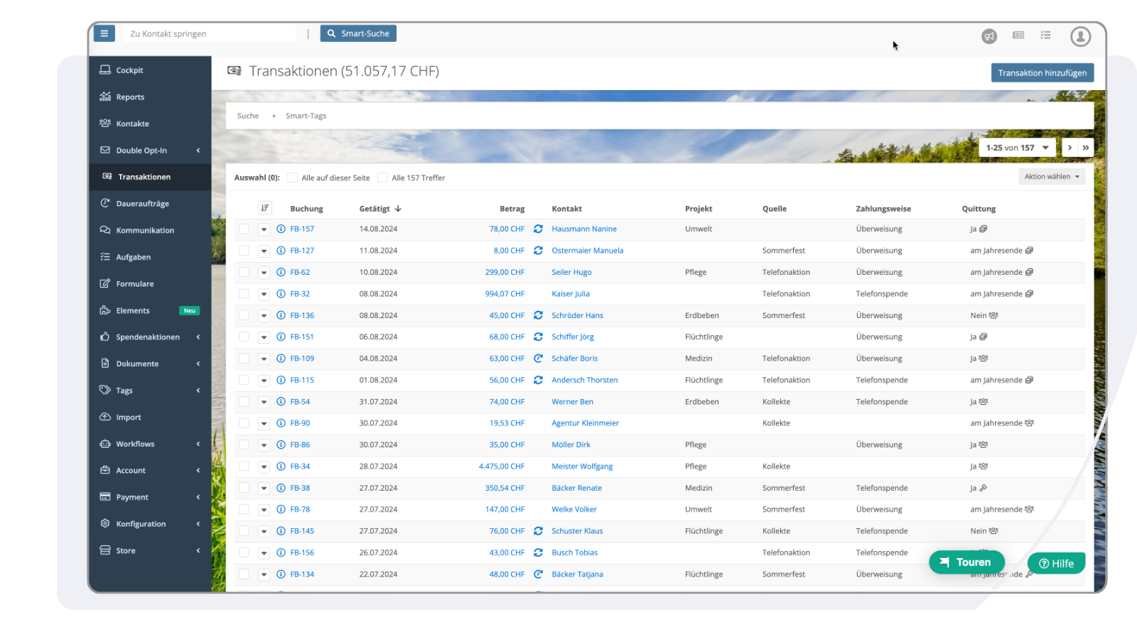 Beispiel, wie die Transaktionen in der FundraisingBox ausschauen. Sortiert und übersichtlich