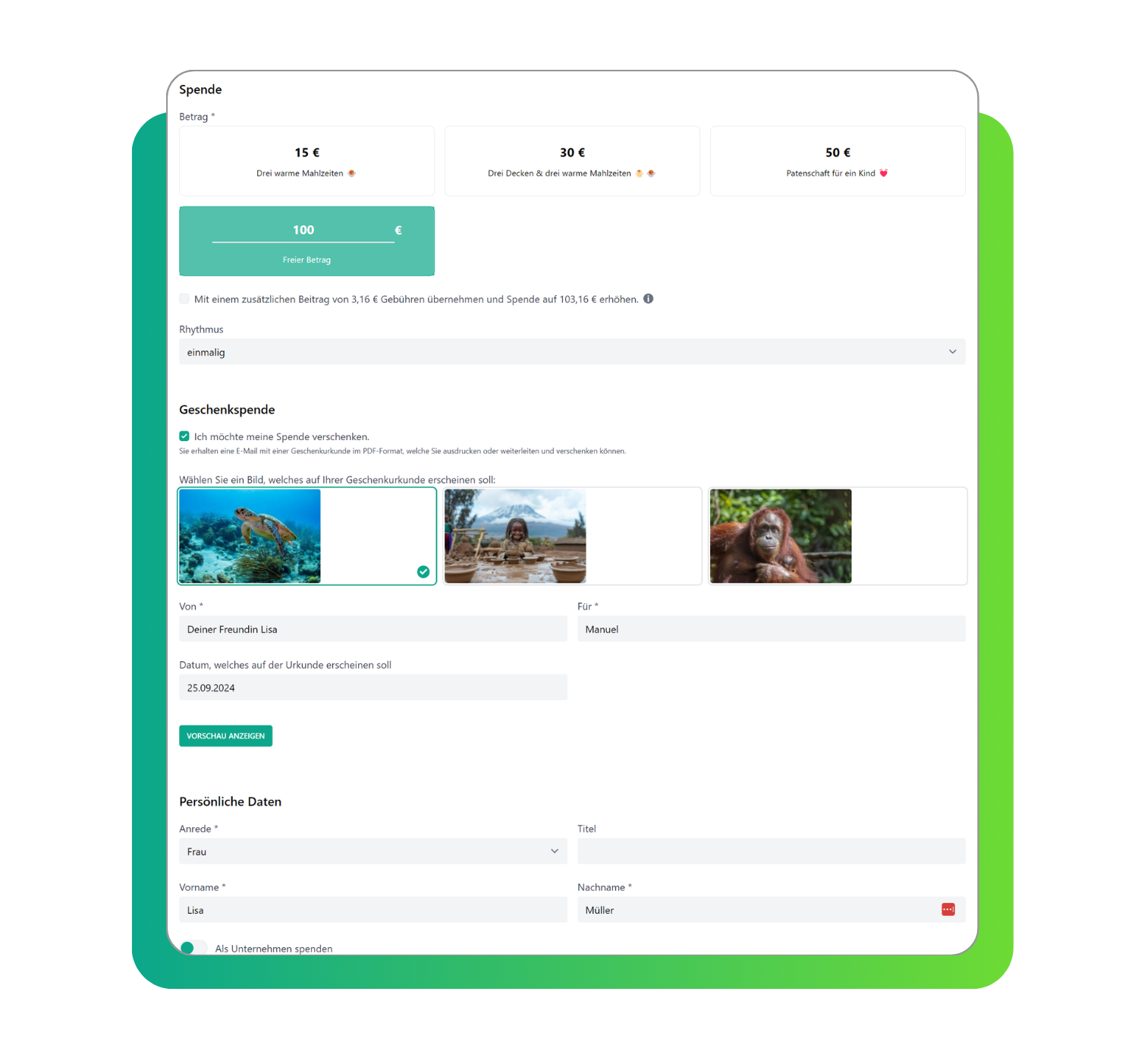 Geschenkspende Formular Ansicht