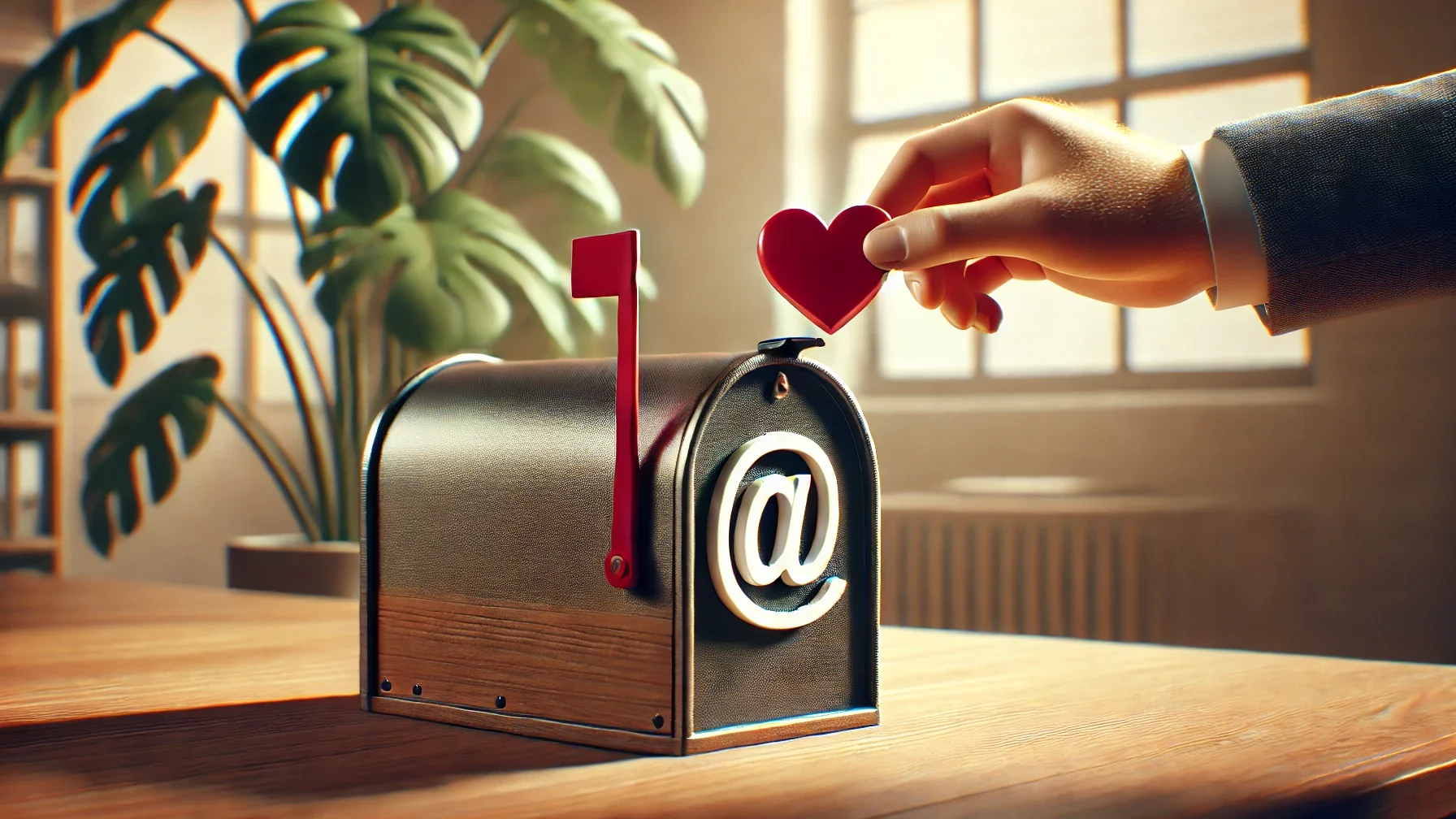 Ein Postfach mit einem @-Symbol, in den eine Hand ein Herz einwirft.