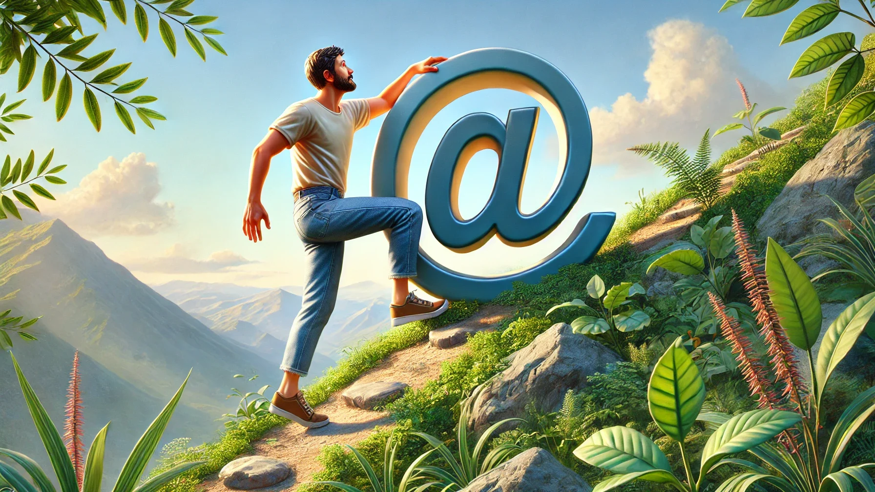 KI-generiertes Bild. Ein Mann läuft einen Berg hoch und schiebt dabei ein @-Zeichen mit