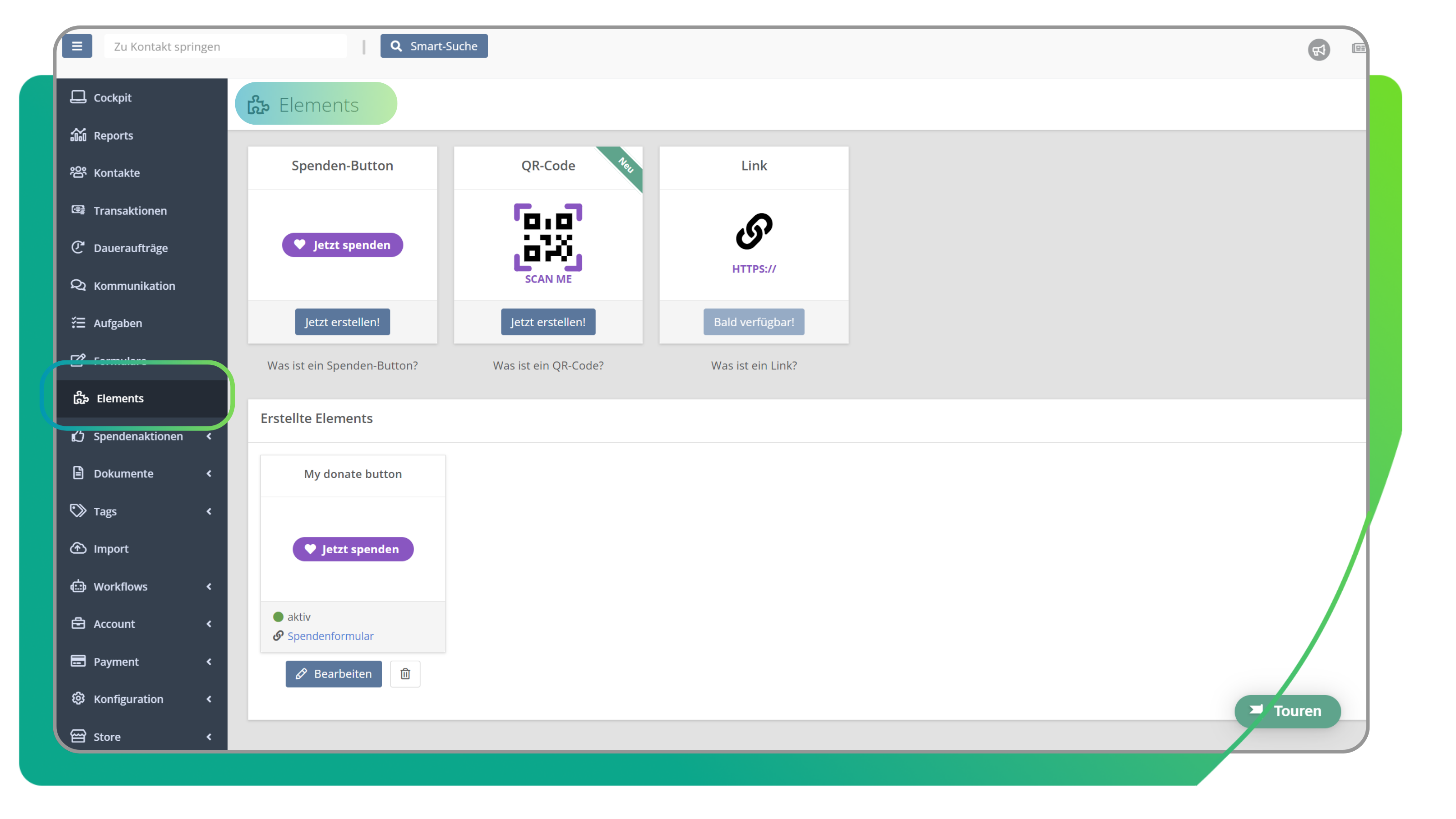 Elements in der FundraisingBox Übersicht