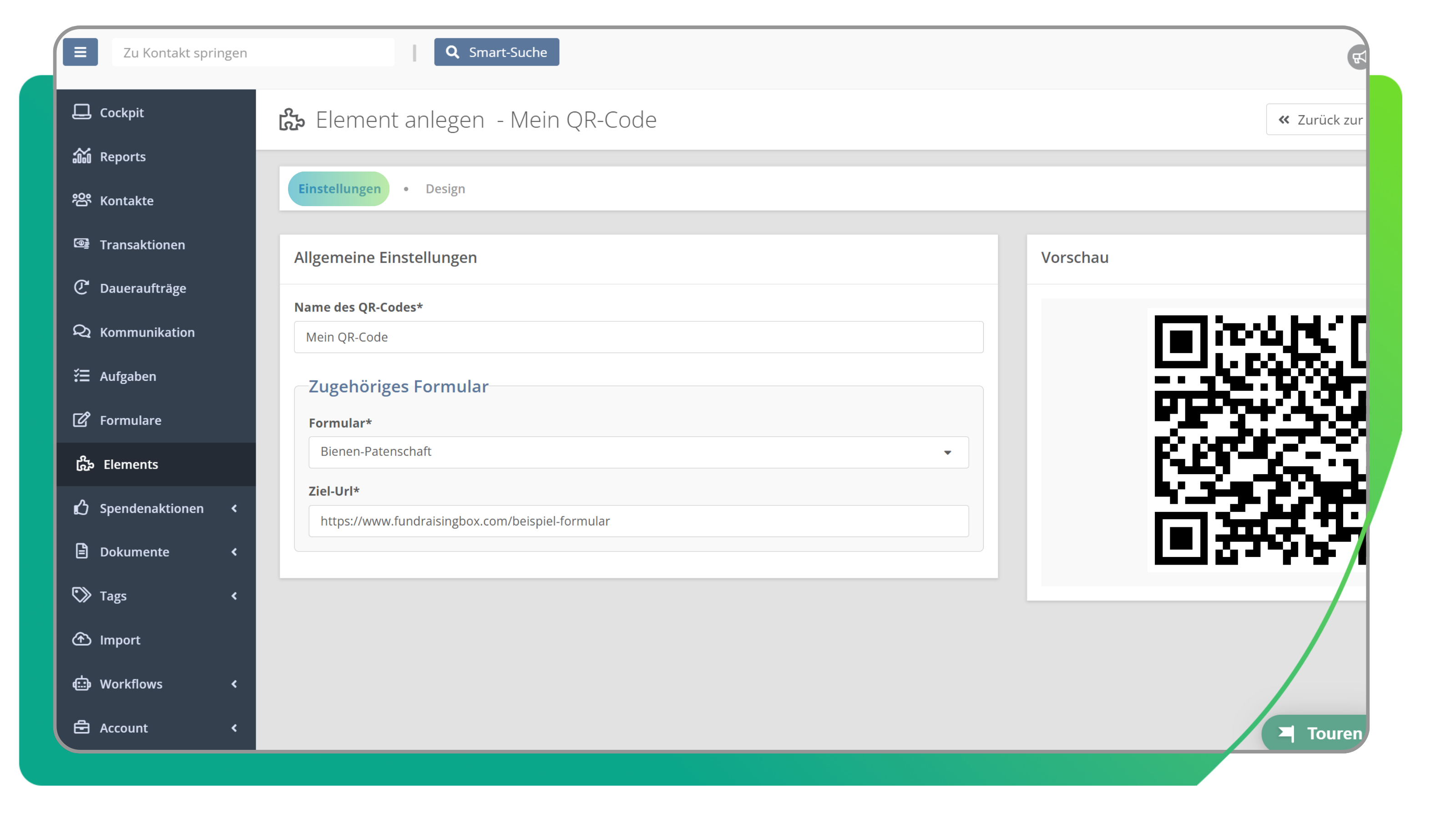 Elements in der FundraisingBox QR-Code Einstellungen