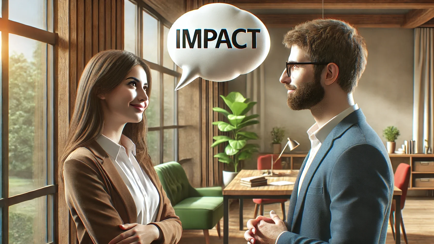 Eine Frau und ein Mann im Büro mit einer Sprechblase, in der 