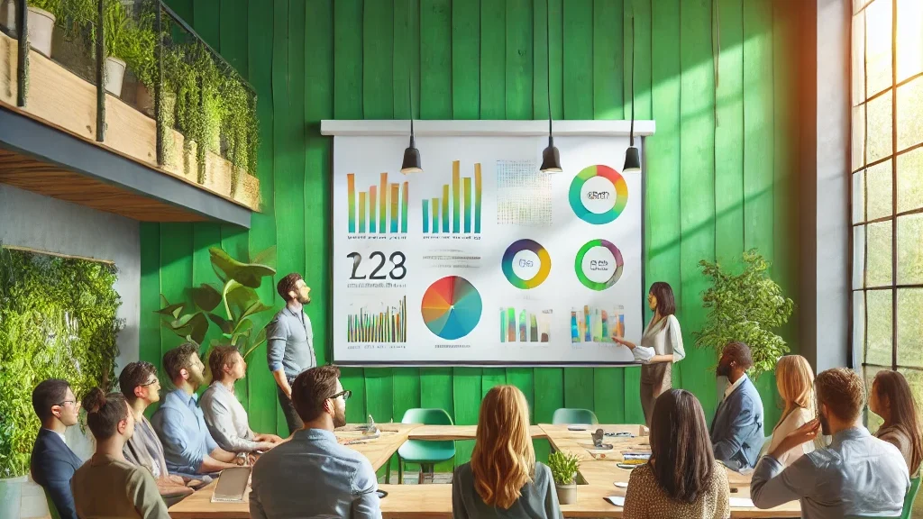 Personen in einem Besprechungsraum, die auf eine Leinwand mit verschiedenen Grafiken schauen