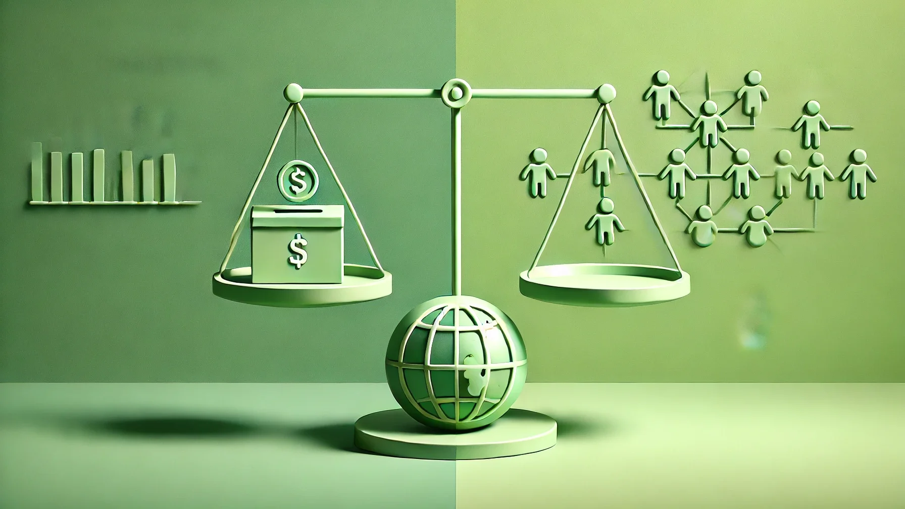 Eine Waage vor grünem Hintergrund mit Symbolen für Fundraising und Programm in NGOs