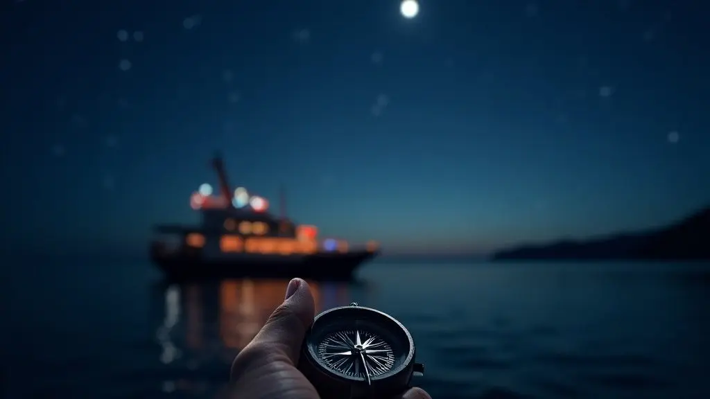 Eine Hand mit einem Kompass auf einem Boot nachts am Meer. Navigieren nach Sternen - Vision, Mission, Werte