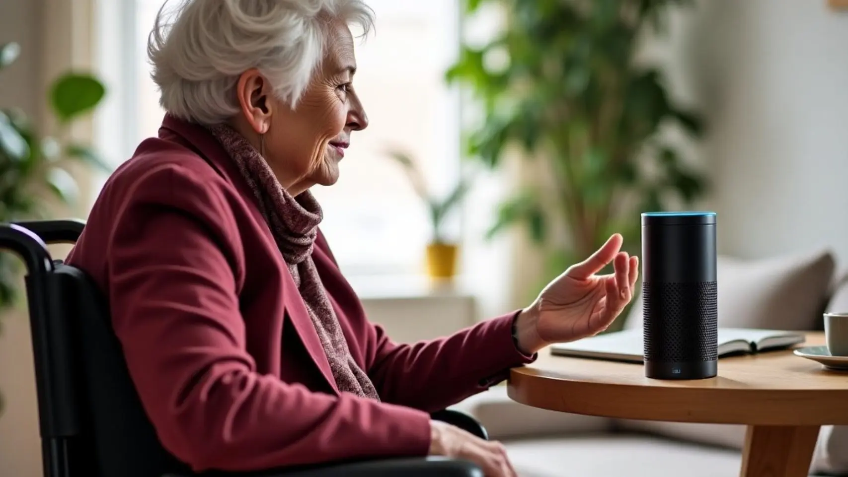 Eine Seniorin im Rollstuhl, die mit Amazon Alexa spricht. #createdbyAI