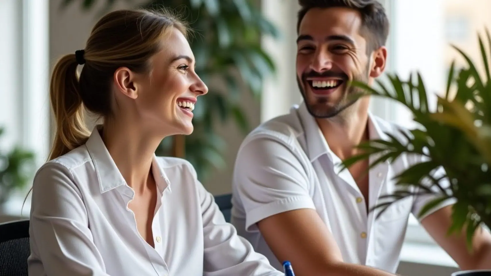 Ein Mann und eine Frau am Schreibtisch, lächelnd. Zufriedene Mitarbeiter