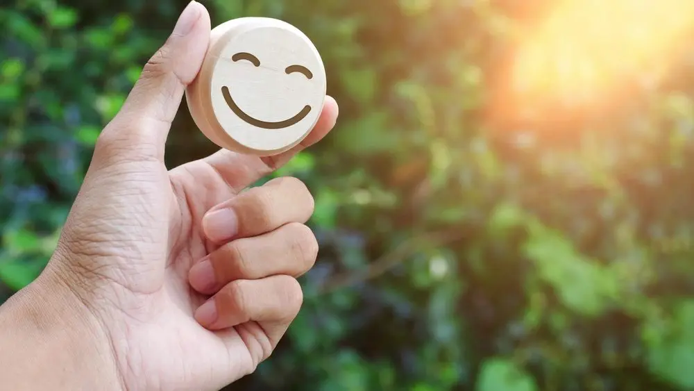 Eine Hand hält einen glücklichen Smiley aus Holz