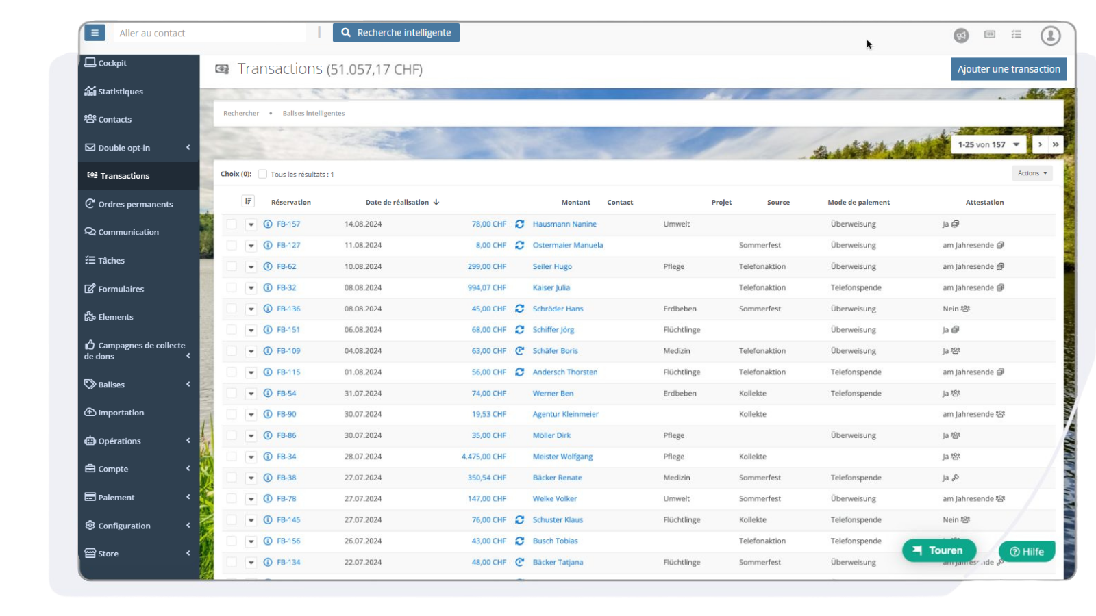 Aperçu de toutes les transactions dans la FundraisingBox