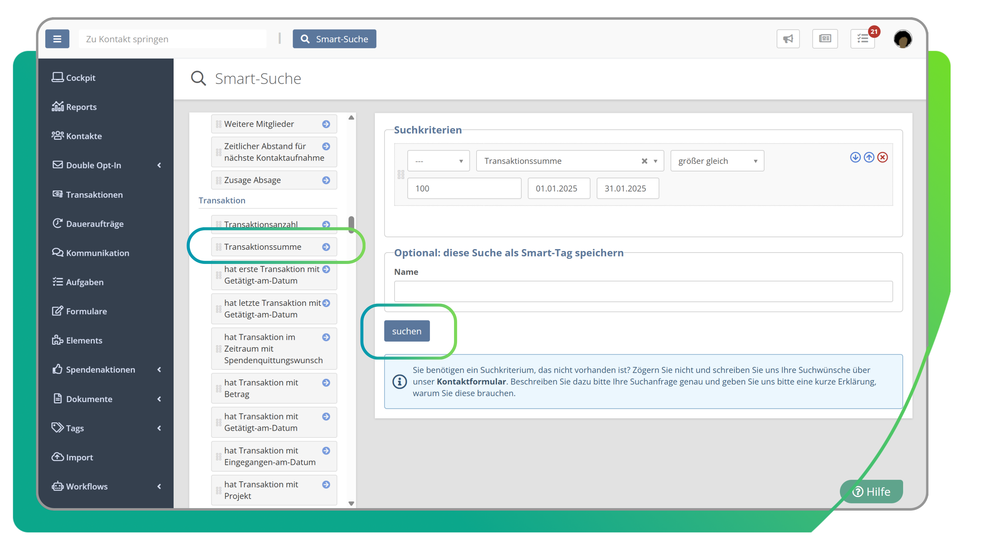 Smart Suche Suchkriterien