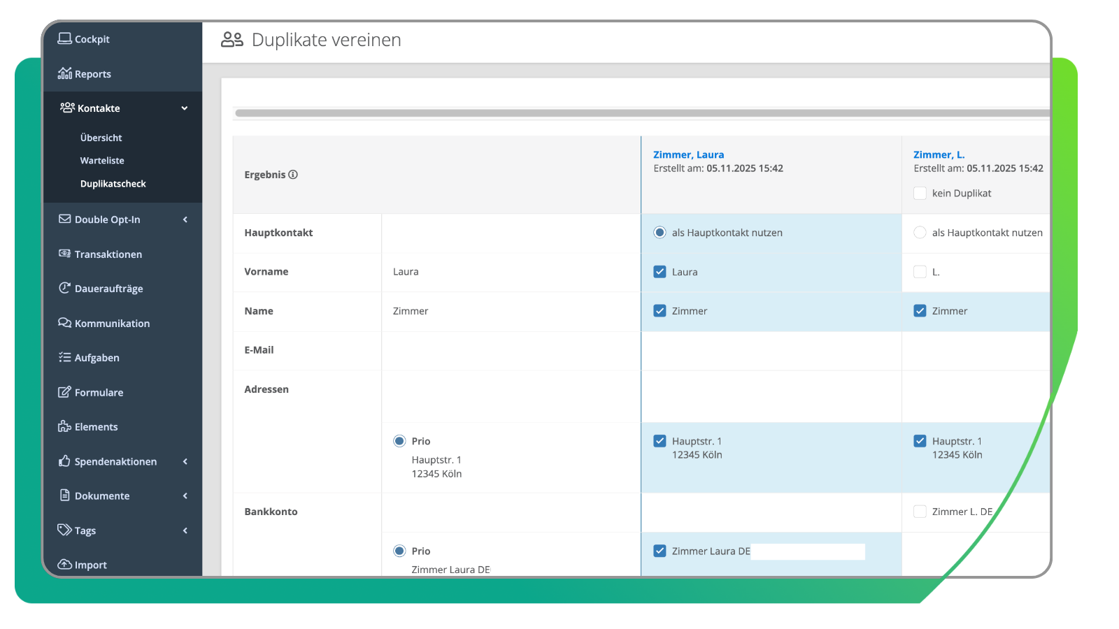 Duplikats-Check Kontakte vereinigen